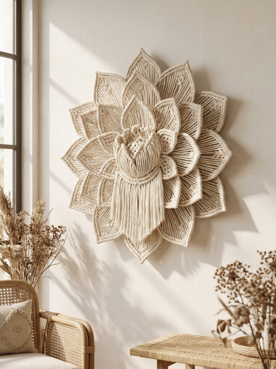Completed multi-layered 3D lotus macrame wall hanging displayed on a neutral bohemian wall