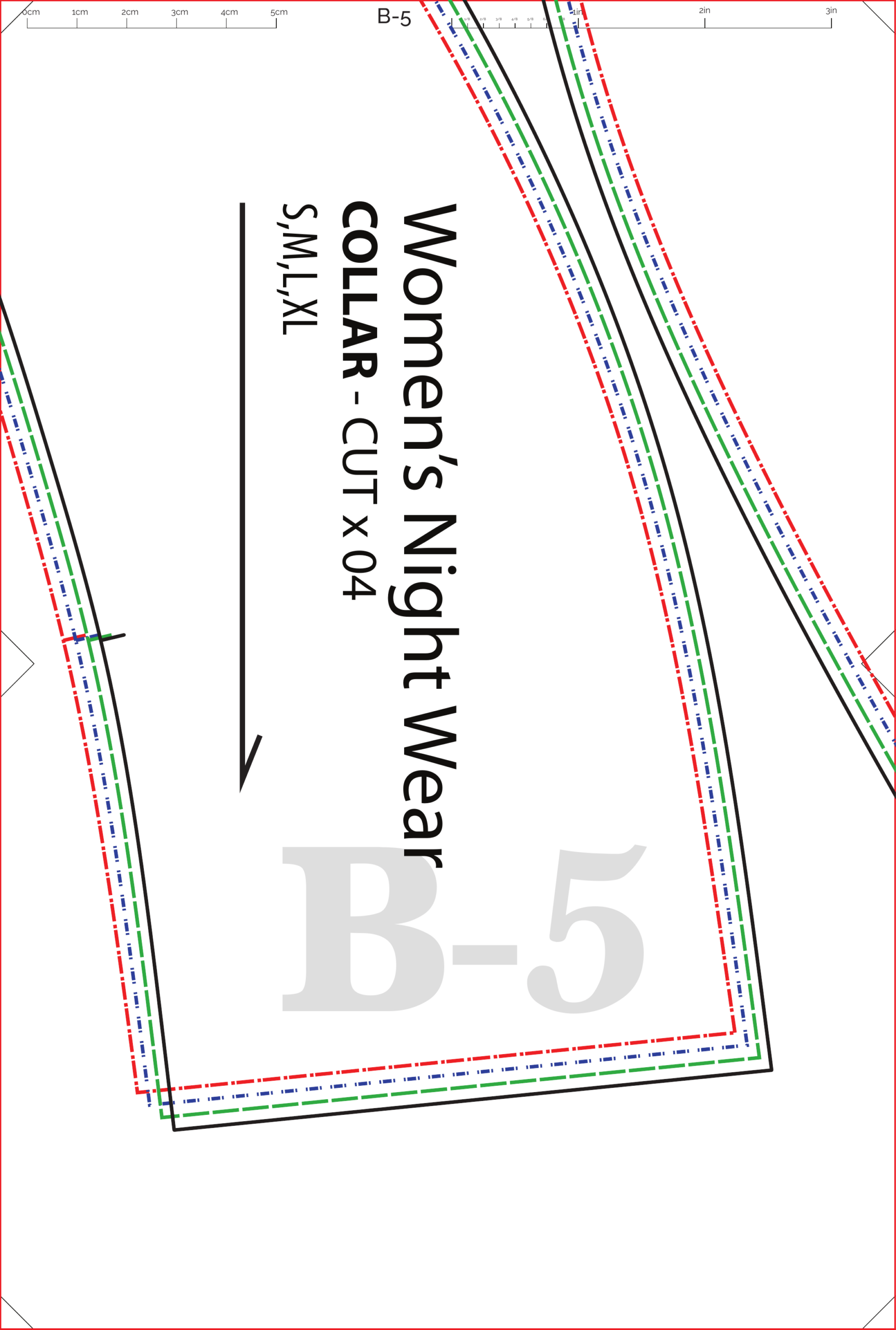 Women’s nightwear sewing pattern, A4 sheet 11 of 37, layered S to XL pattern outlines
