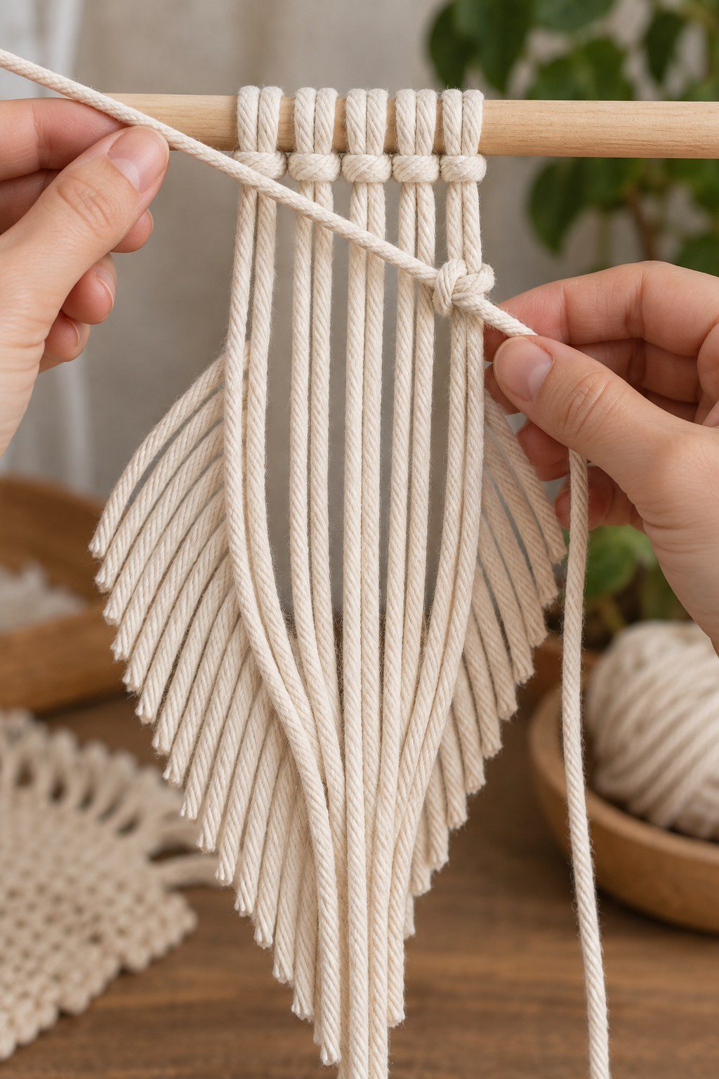 Folded cotton cords attached evenly to a secured holding cord to form a macrame leaf foundation