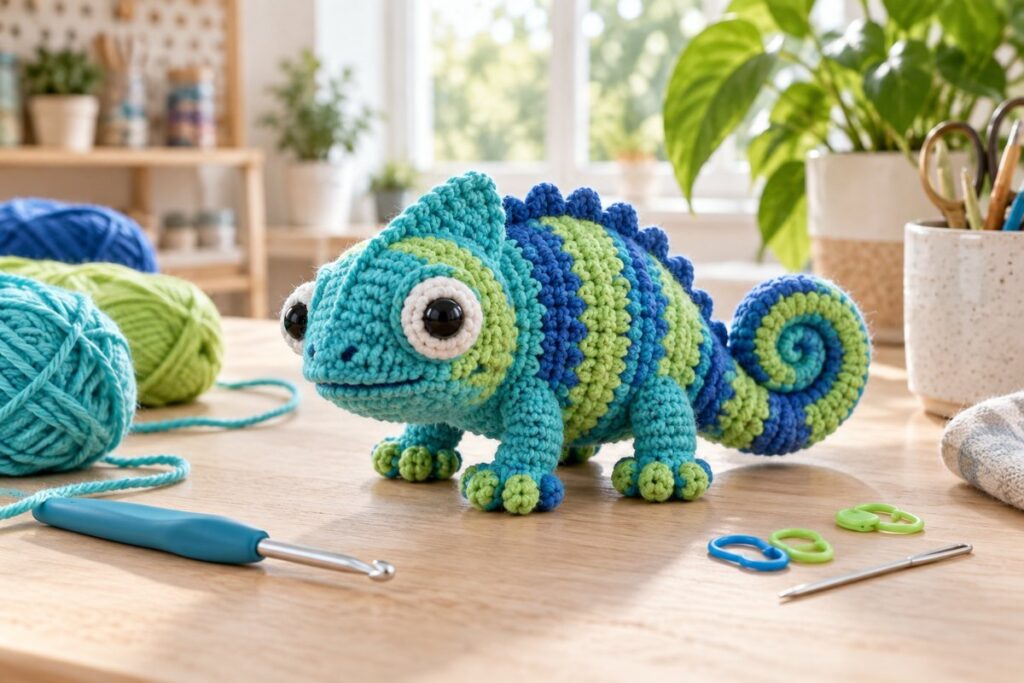 Finished tiny crocheted chameleon plush in teal, lime and coral yarn, with curled tail and embroidered details