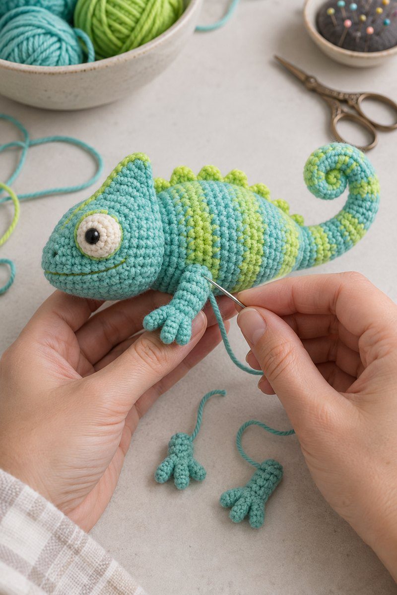 Close view of shaping the chameleon amigurumi head and changing from teal to lime crochet yarn