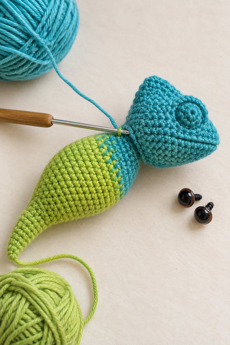 Sewing a small crocheted leg onto the underside of the chameleon plush