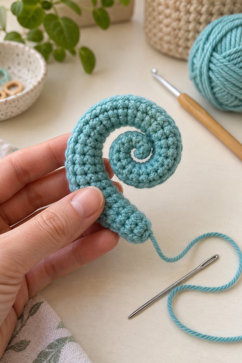 Hand holding the chameleon amigurumi tail curled into a tight spiral