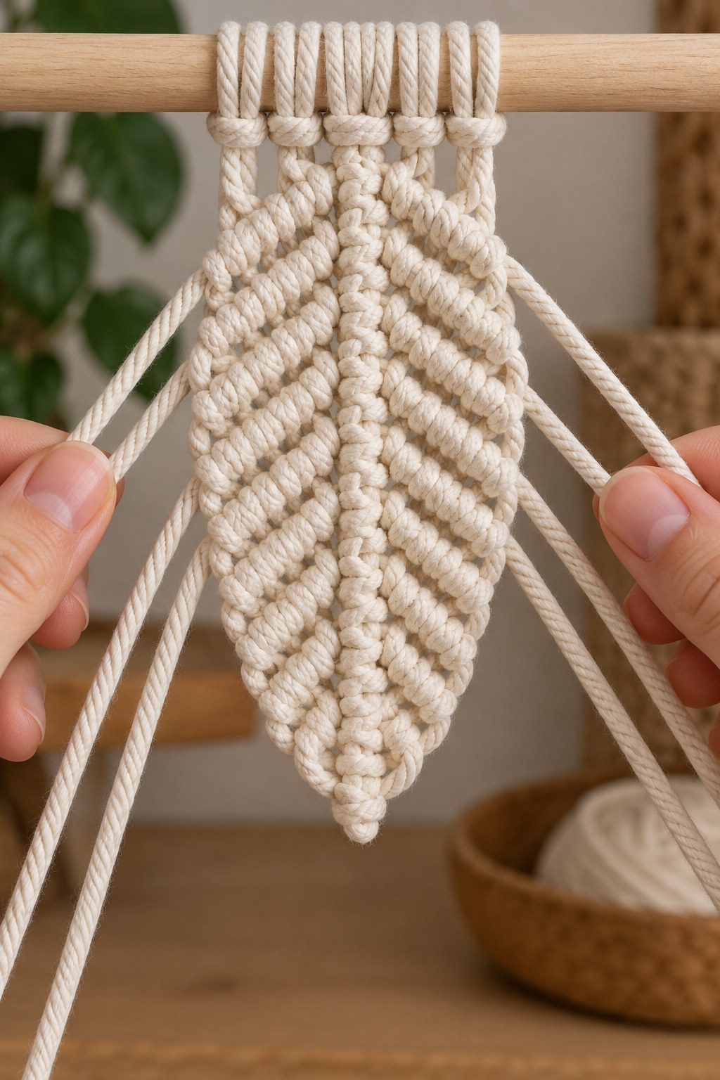 Balanced left and right diagonal double half hitch rows meeting neatly in a macrame leaf