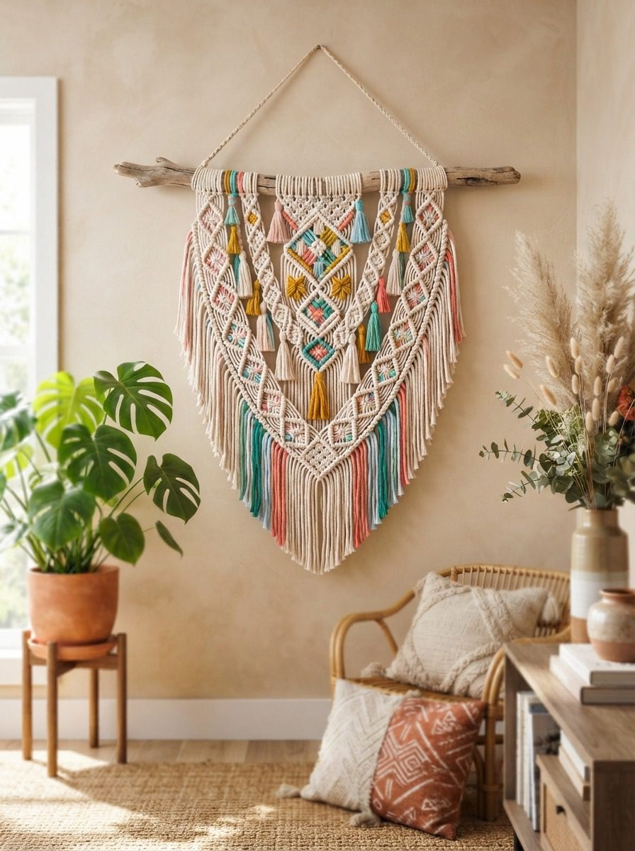 Completed bohemian fiber art piece created with an easy macrame wall hanging pattern on driftwood.