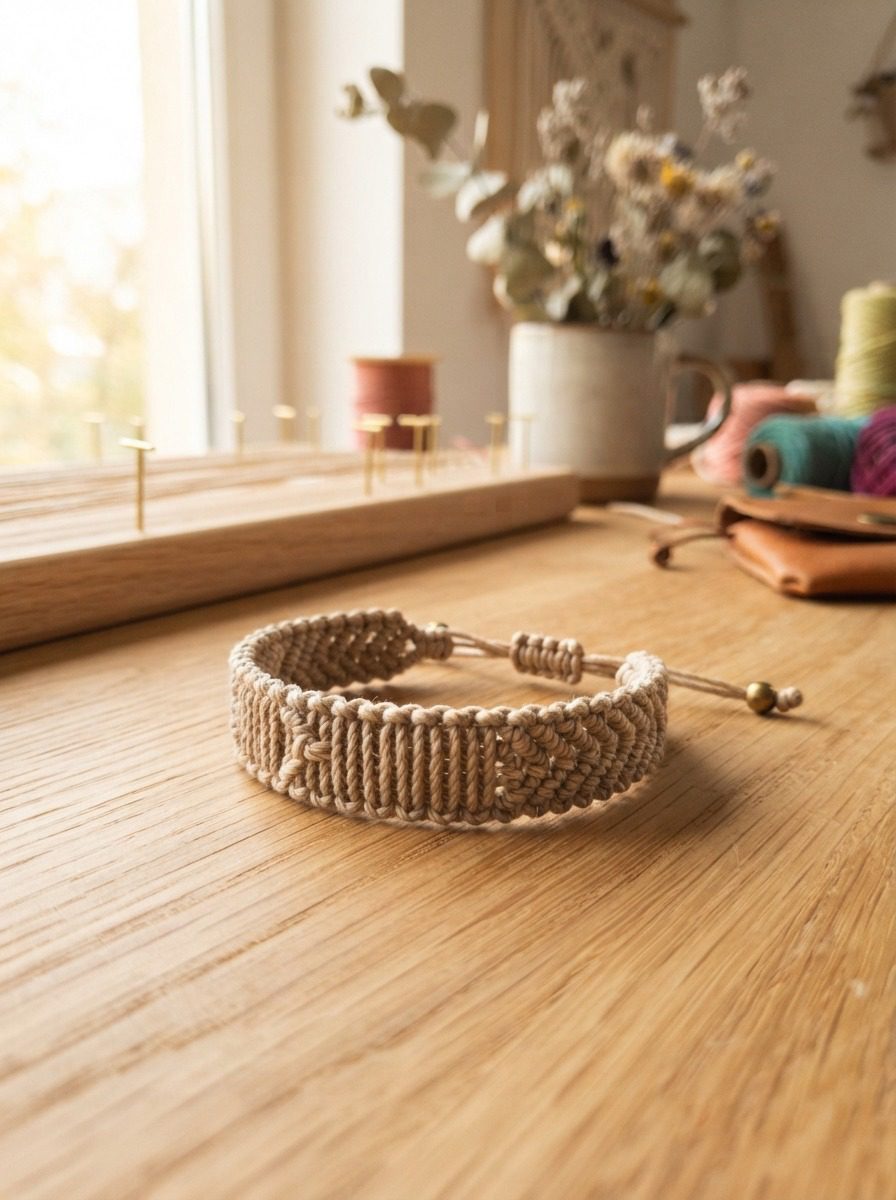 Completed easy macrame bracelet with geometric stripes pattern resting on a wooden craft desk