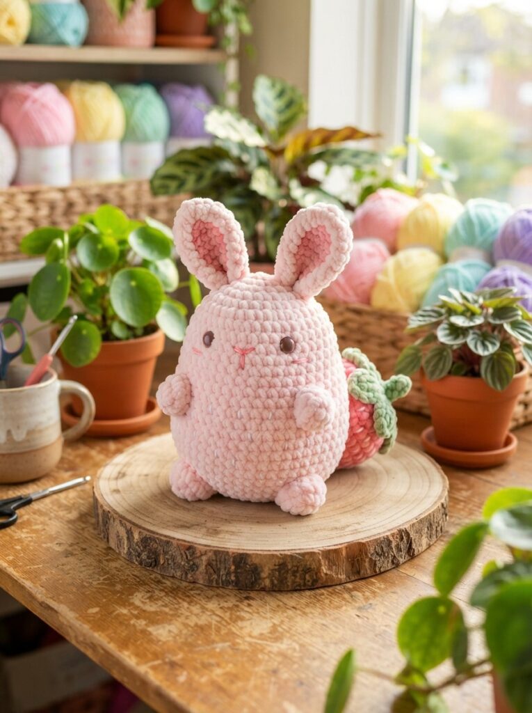 Completed handmade crochet strawberry bunny plush sitting on a wooden slice next to yarn