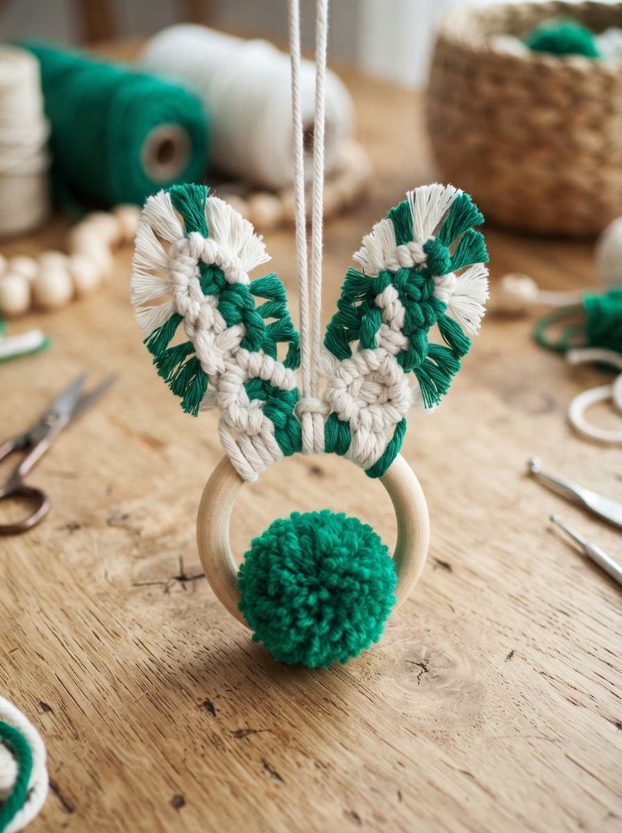 Completed handmade macrame bunny ear ornament with green accent and pom-pom