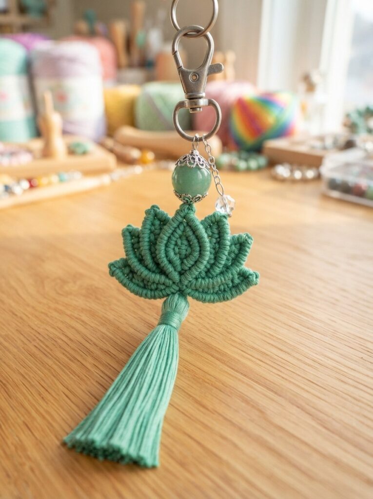 Completed handmade macrame lotus keychain with bead and tassel embellishment on a wooden studio surface