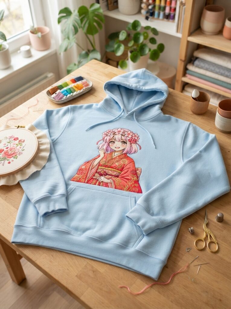 Completed pastel blue hoodie with detailed character stitching from this avatar embroidery tutorial