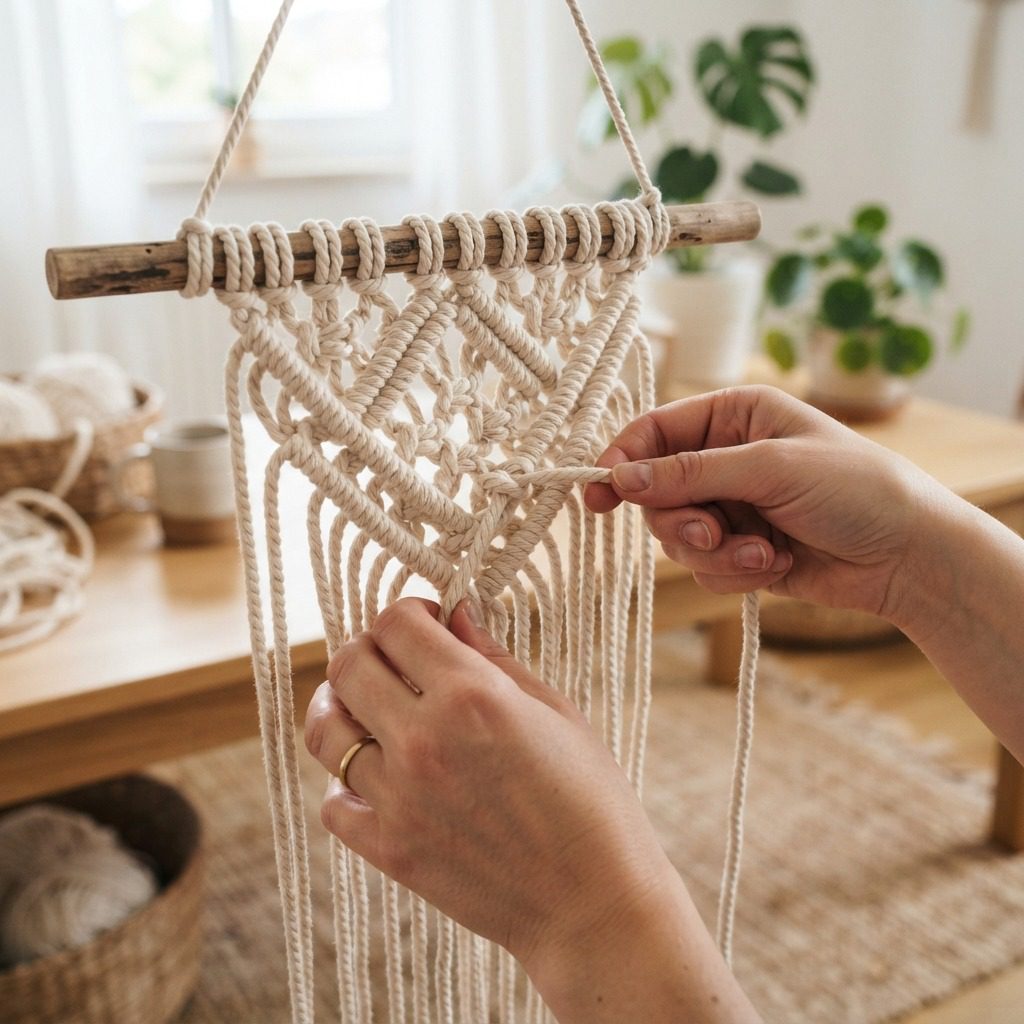 Crafter tying double half hitch knots along diagonal cords in a macrame wall hanging pattern. Crafter tying double half hitch knots along diagonal cords in a macrame wall hanging pattern.
