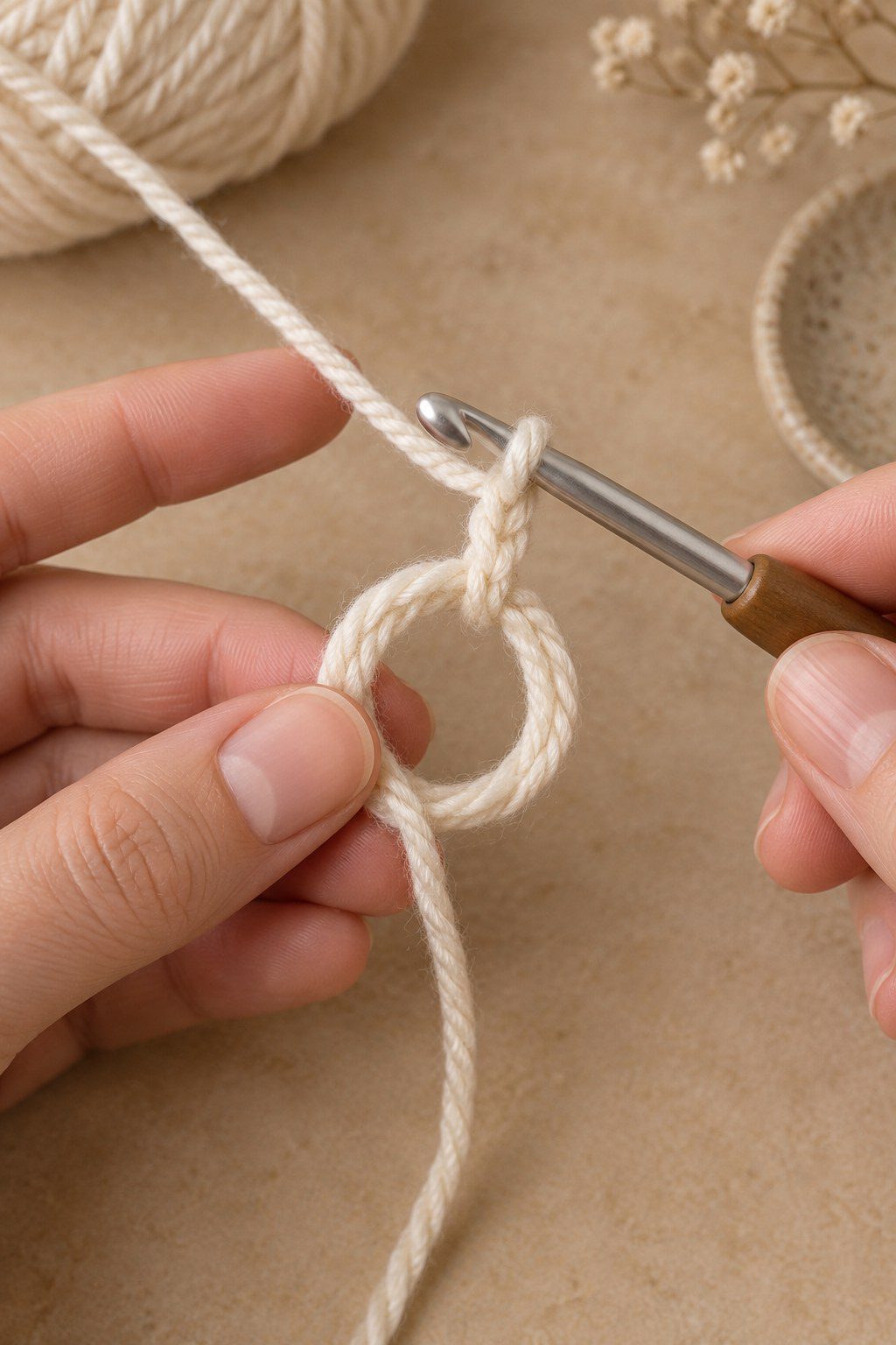 Six single crochet stitches worked over the adjustable ring loop and yarn tail
