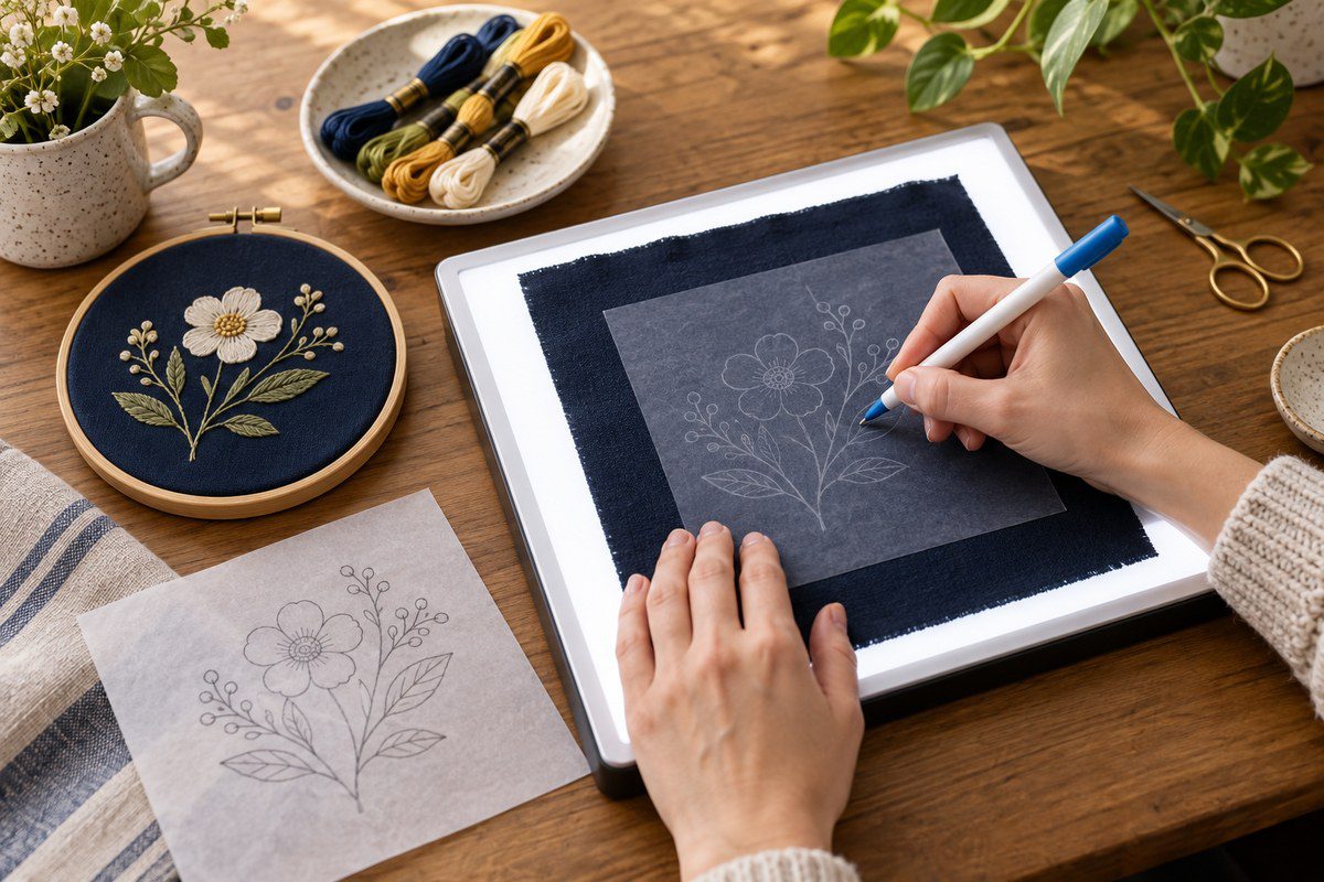 Embroidery pattern transfer tools beside fabric with a floral outline ready for stitching