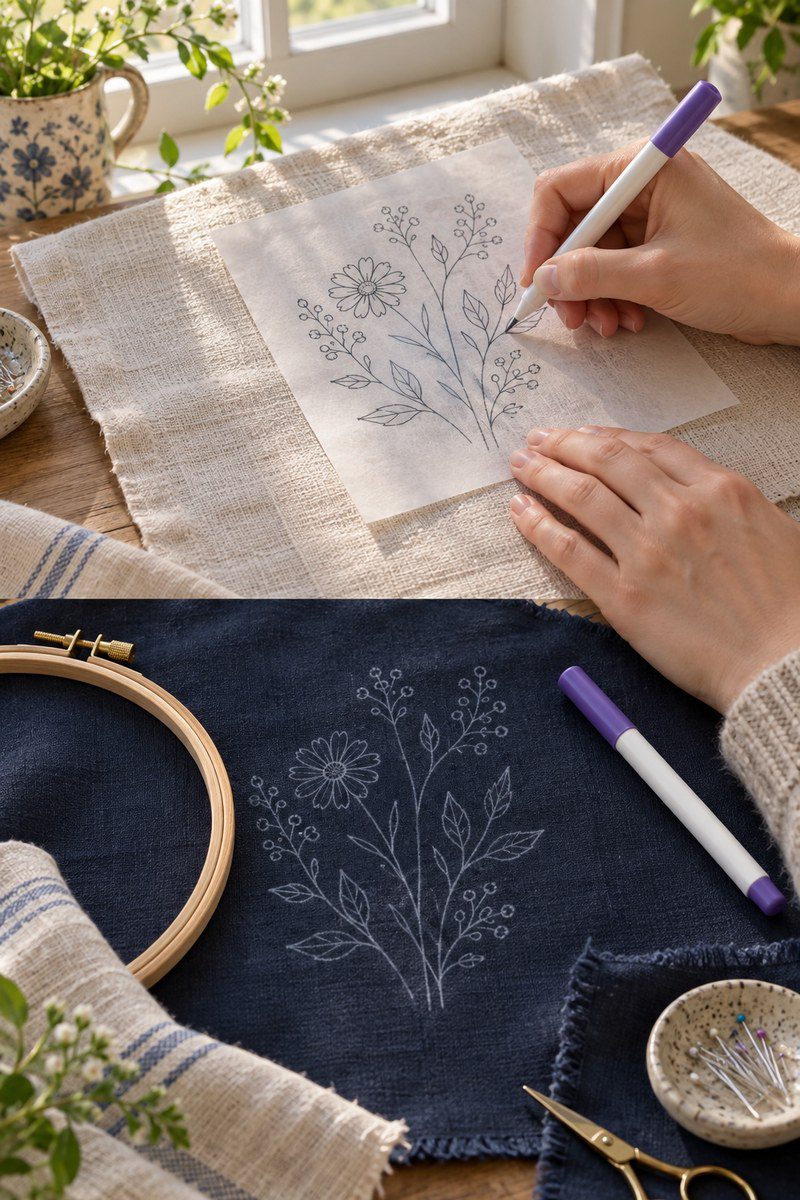 Light fabric placed over a floral embroidery outline for careful pattern tracing