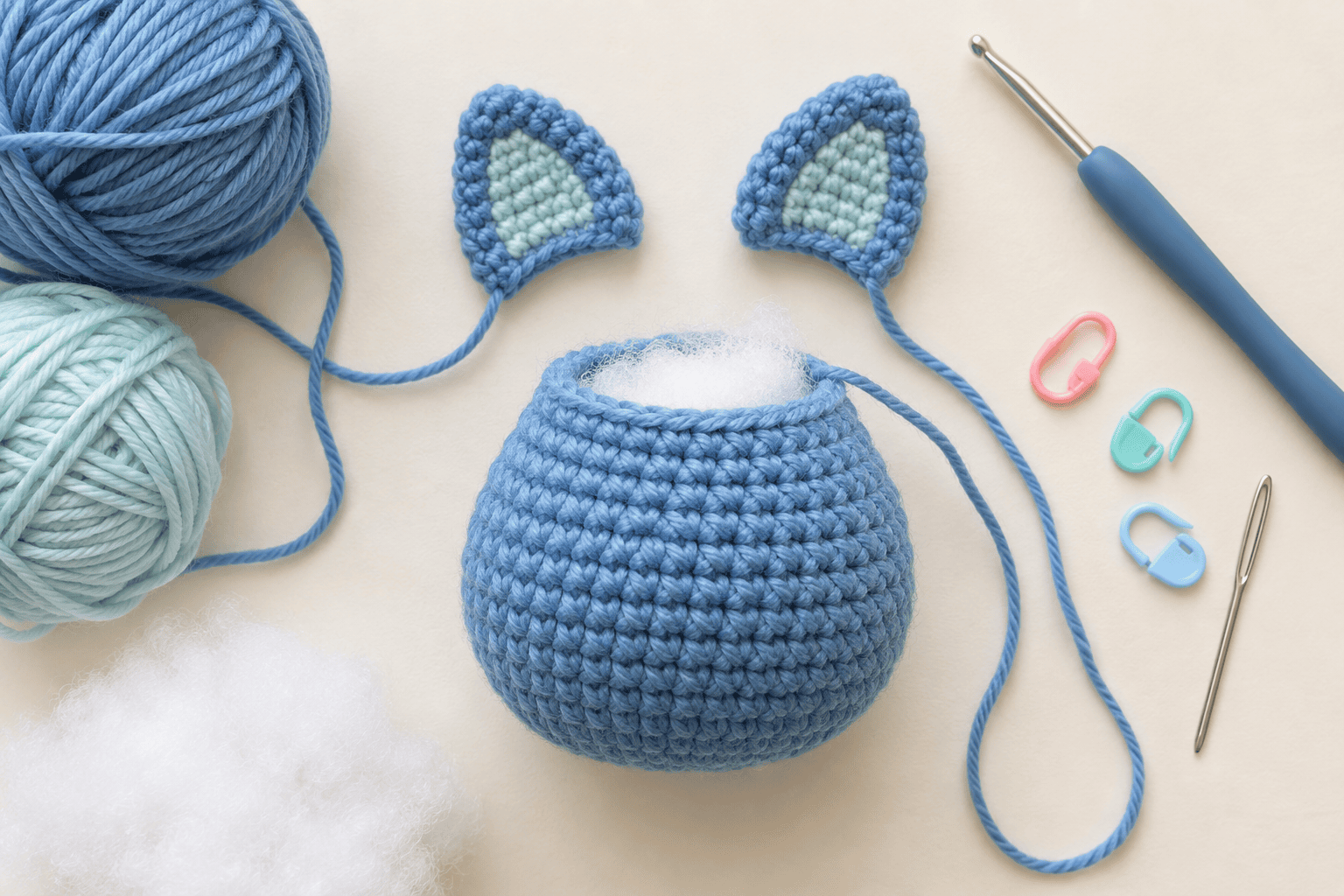 Blue amigurumi plush materials: yarn, crochet hook, stitch markers, stuffing, ears, and body
