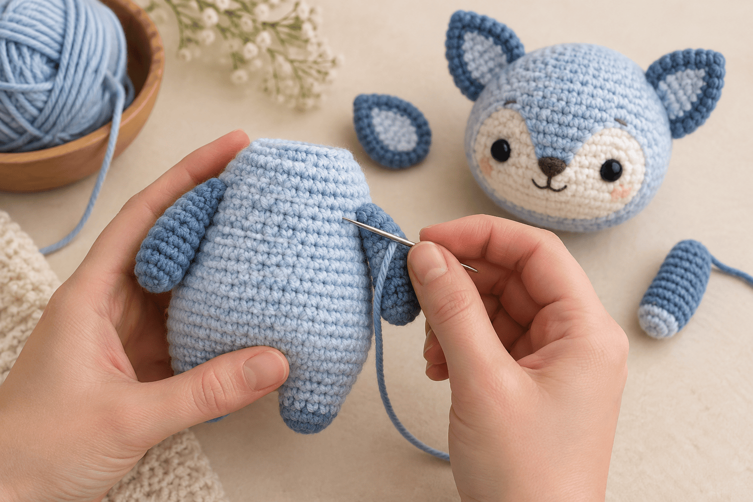 Sewing crocheted arms onto a blue stuffed amigurumi body