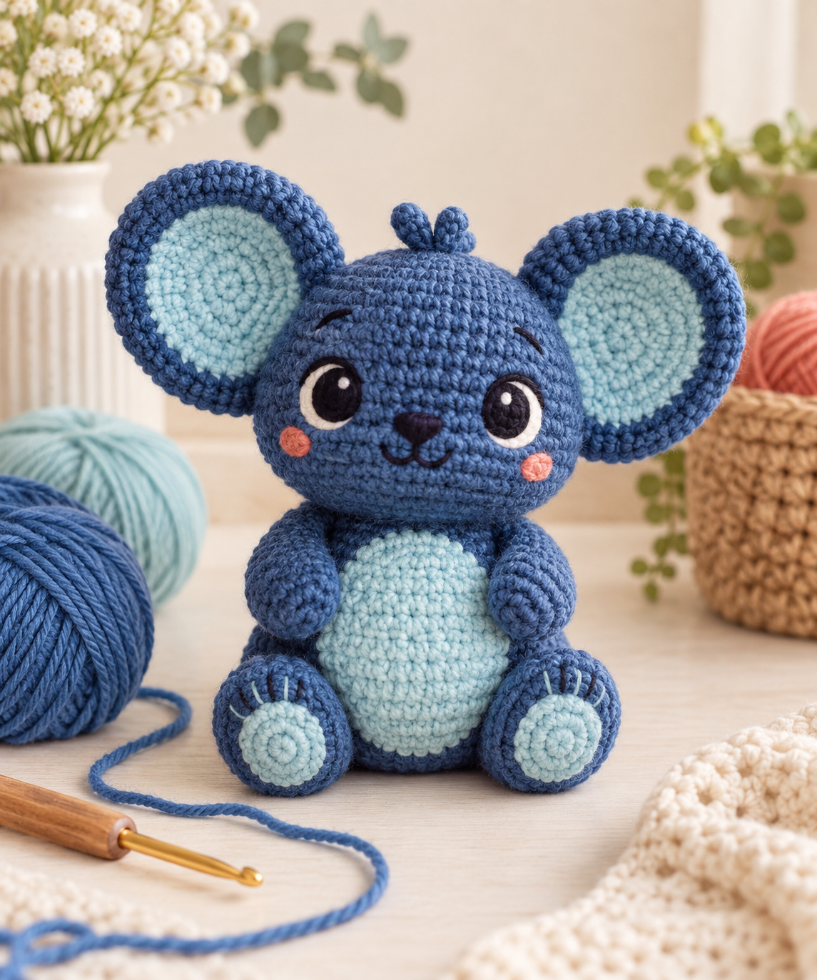 Blue amigurumi plush finished beside yarn and a crochet hook