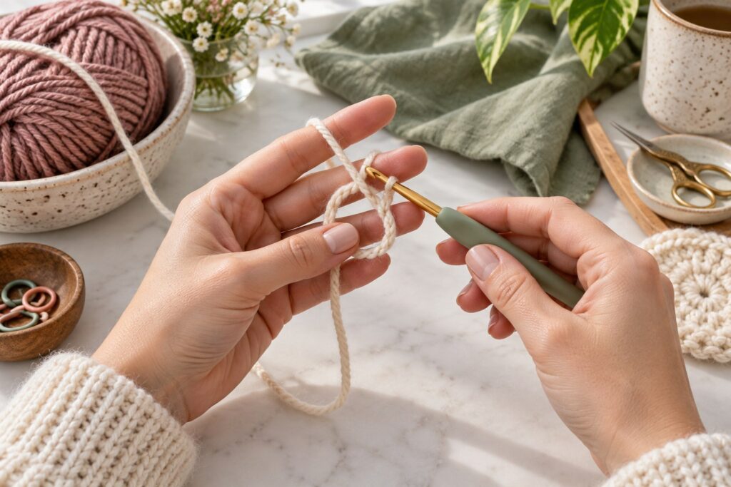 Landscape cover showing a crochet magic ring started in cream yarn