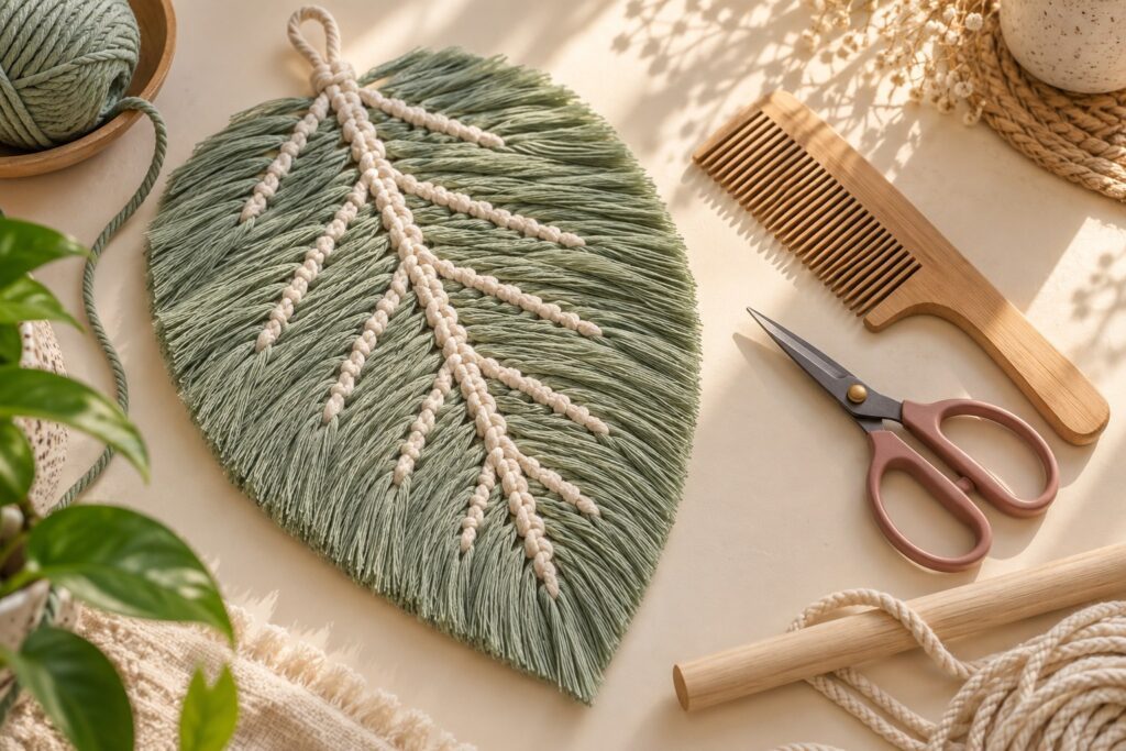 Landscape featured image showing a finished cream macrame leaf motif beside natural cord