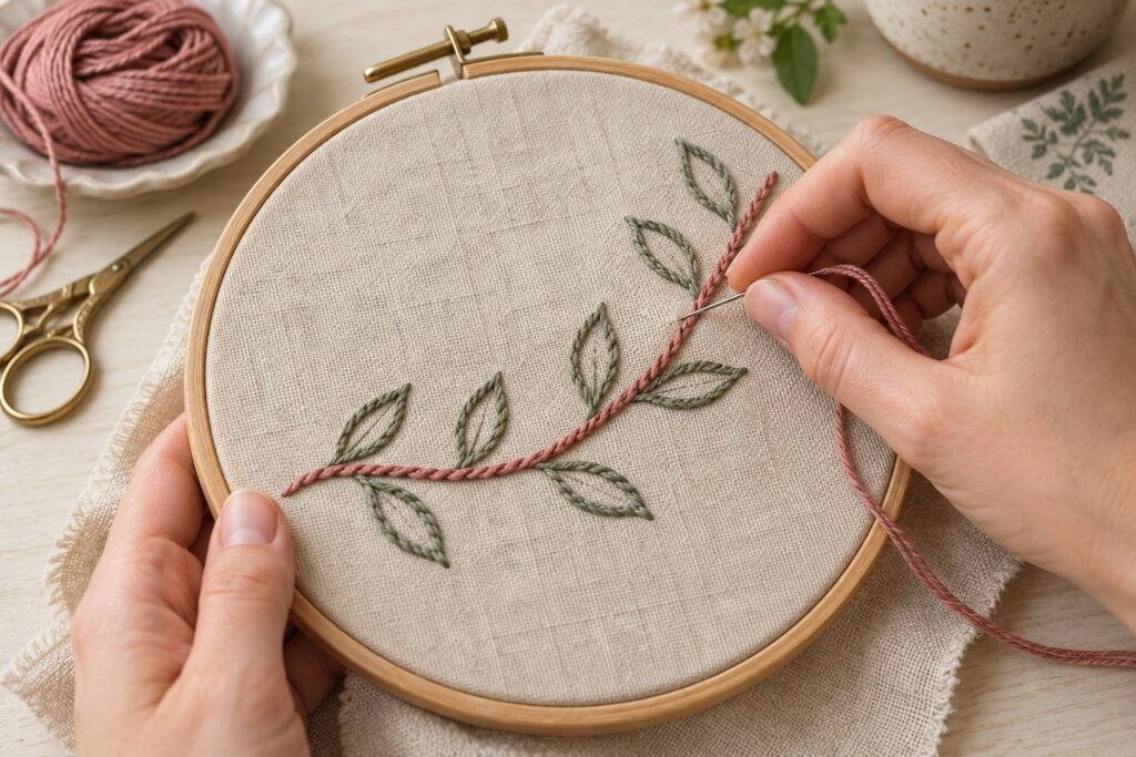 Landscape featured image of a botanical stem stitched in dark thread on linen