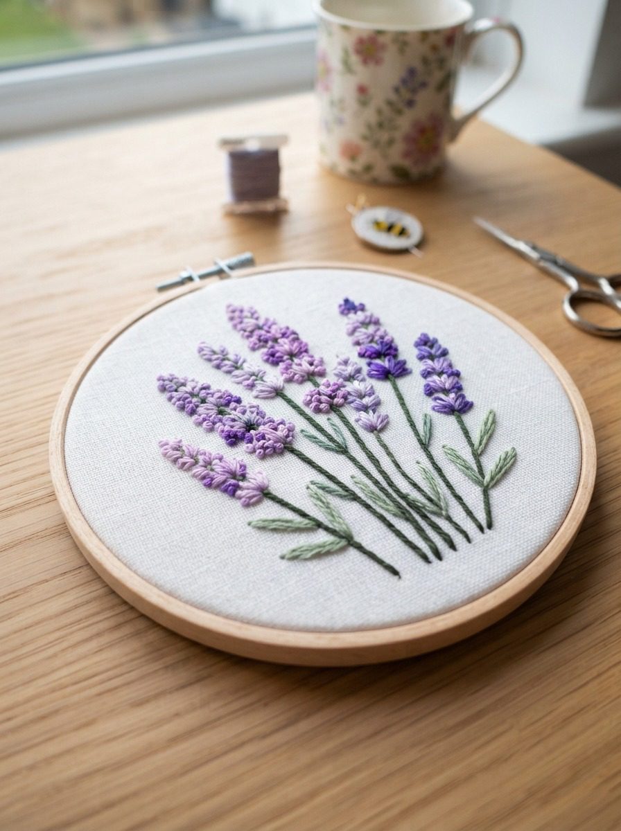 Finished lavender embroidery hoop art featuring dimensional purple florets and a green leaf on white linen.