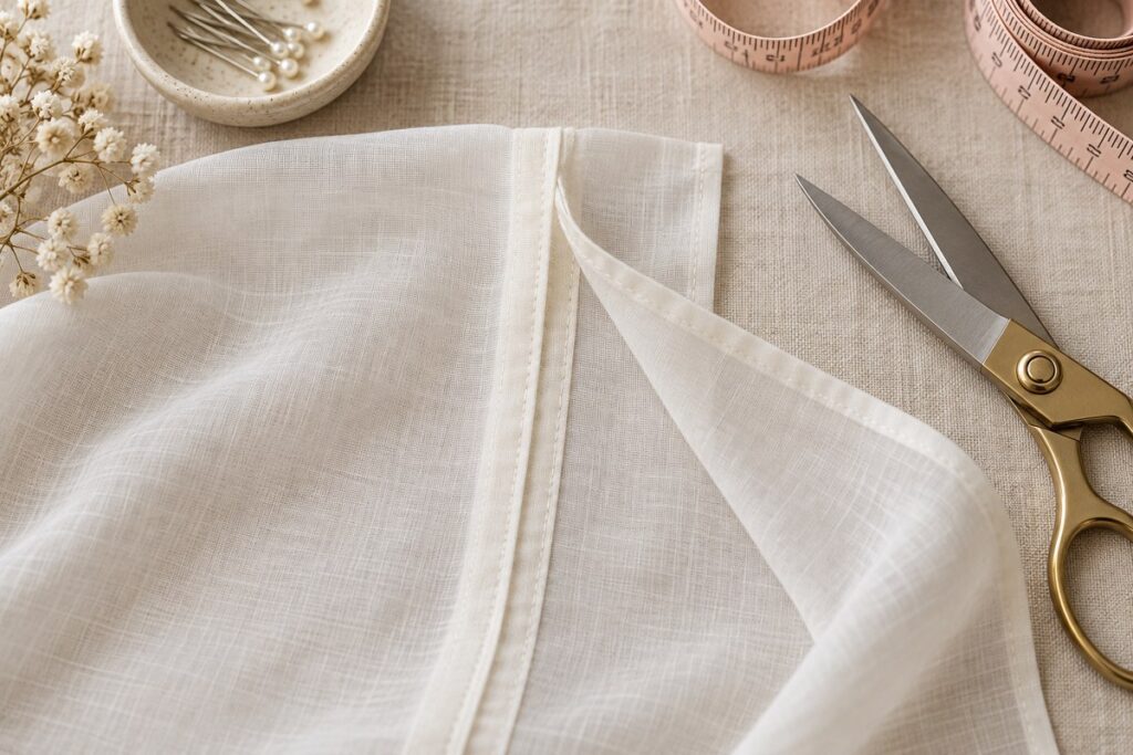 Lightweight ivory fabric arranged to show a clean enclosed French seam beside sewing scissors and a measuring tape