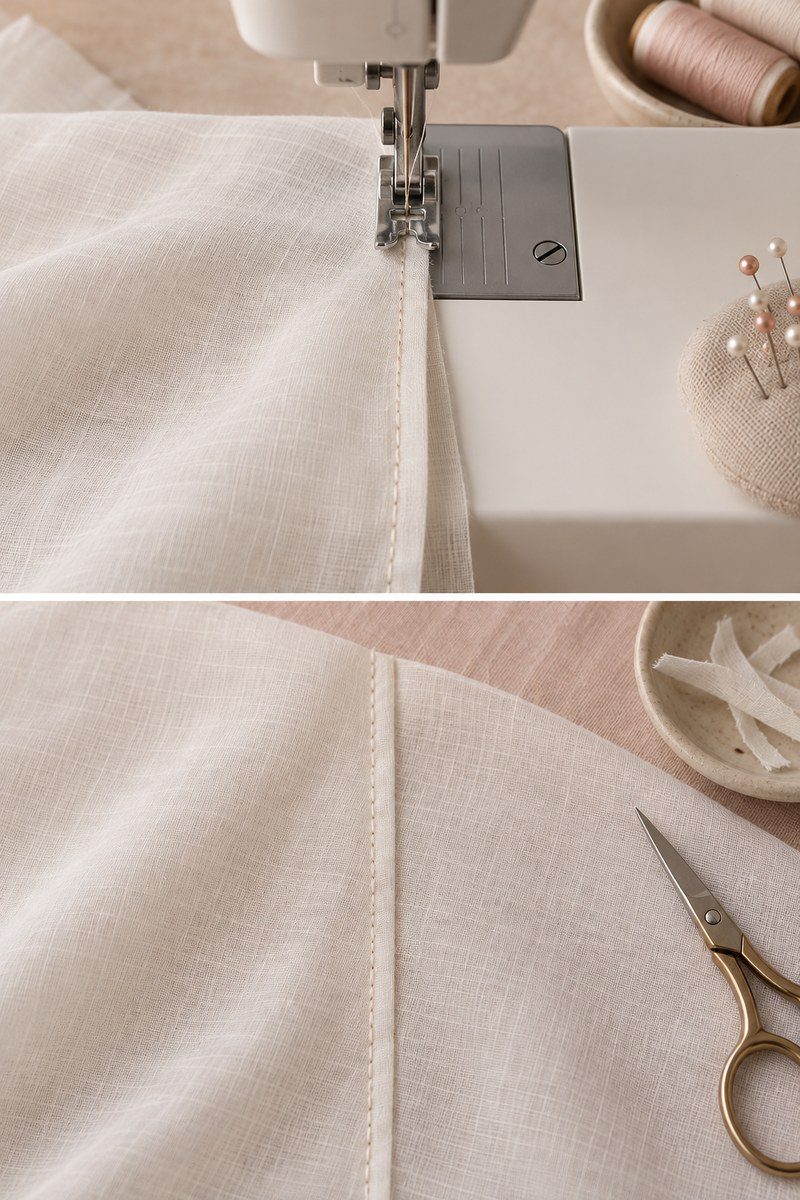 Two stages of sewing a French seam in lightweight ivory fabric, from the first narrow pass to the enclosed finished seam