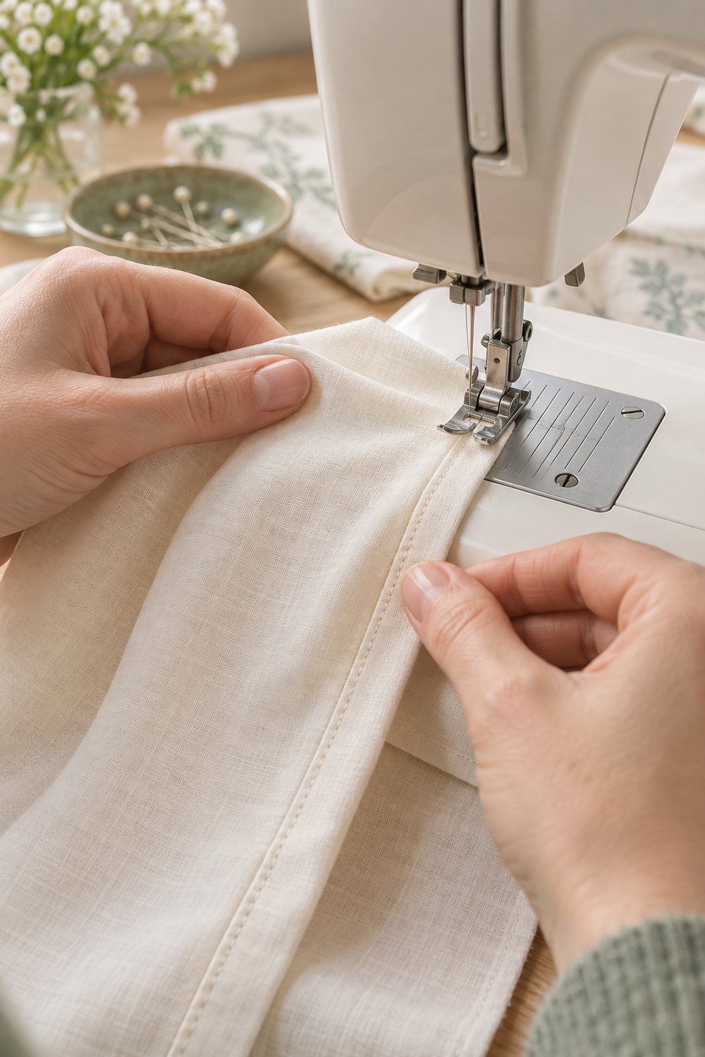 Step-by-step close-up of the two stitching passes used to sew a French seam on lightweight fabric