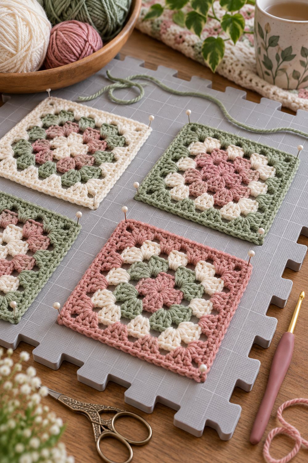 Blocking a finished crochet granny square flat before joining it to other squares