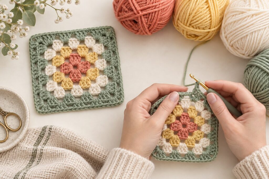 Colorful granny square crochet motif with four corners and concentric rounds in progress