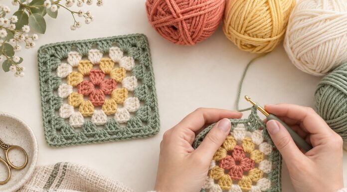 Colorful granny square crochet motif with four corners and concentric rounds in progress