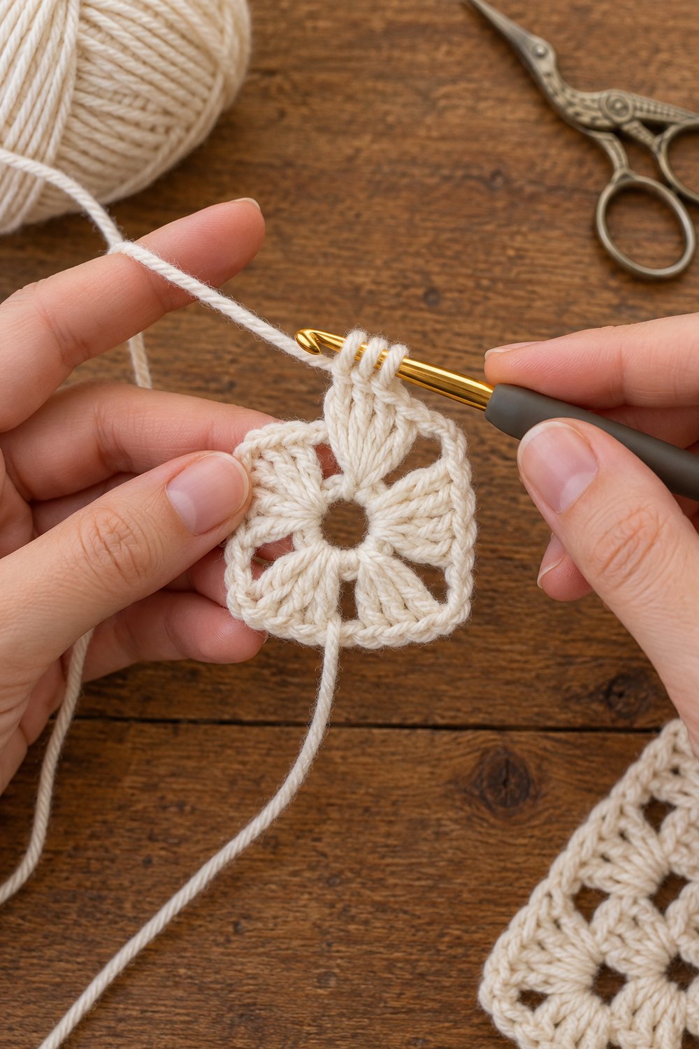 Starting a crochet granny square with a center ring and the first corner clusters