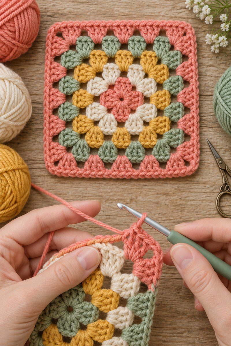 Granny square crochet with four double-crochet clusters separated by chain-2 corner spaces