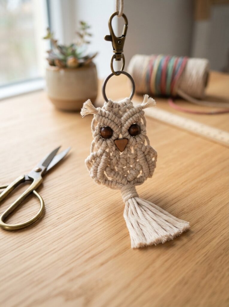 Handcrafted Macrame Owl keychain on a wooden craft desk with tools