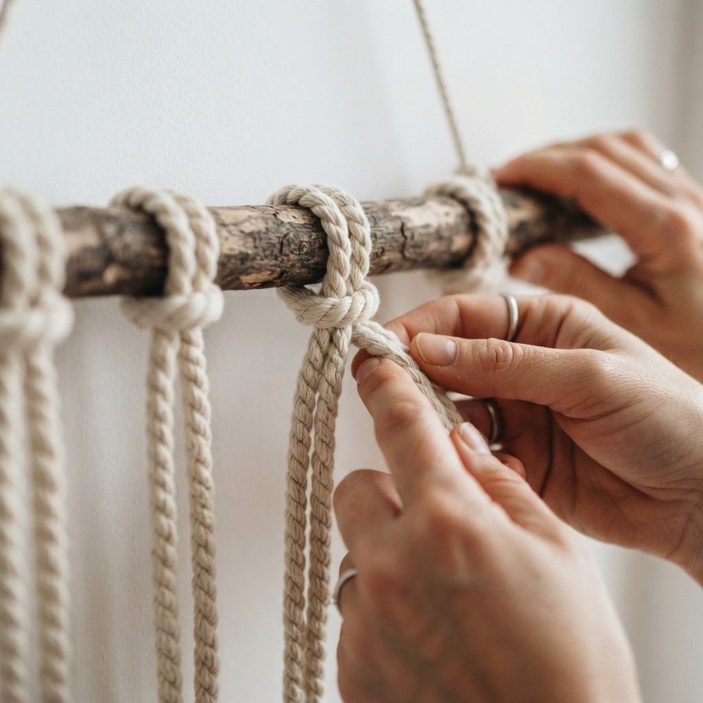 Hands attaching thick cotton rope to a wooden branch using Lark's head knots for a macrame wall hanging pattern. Hands attaching thick cotton rope to a wooden branch using Lark's head knots for a macrame wall hanging pattern.