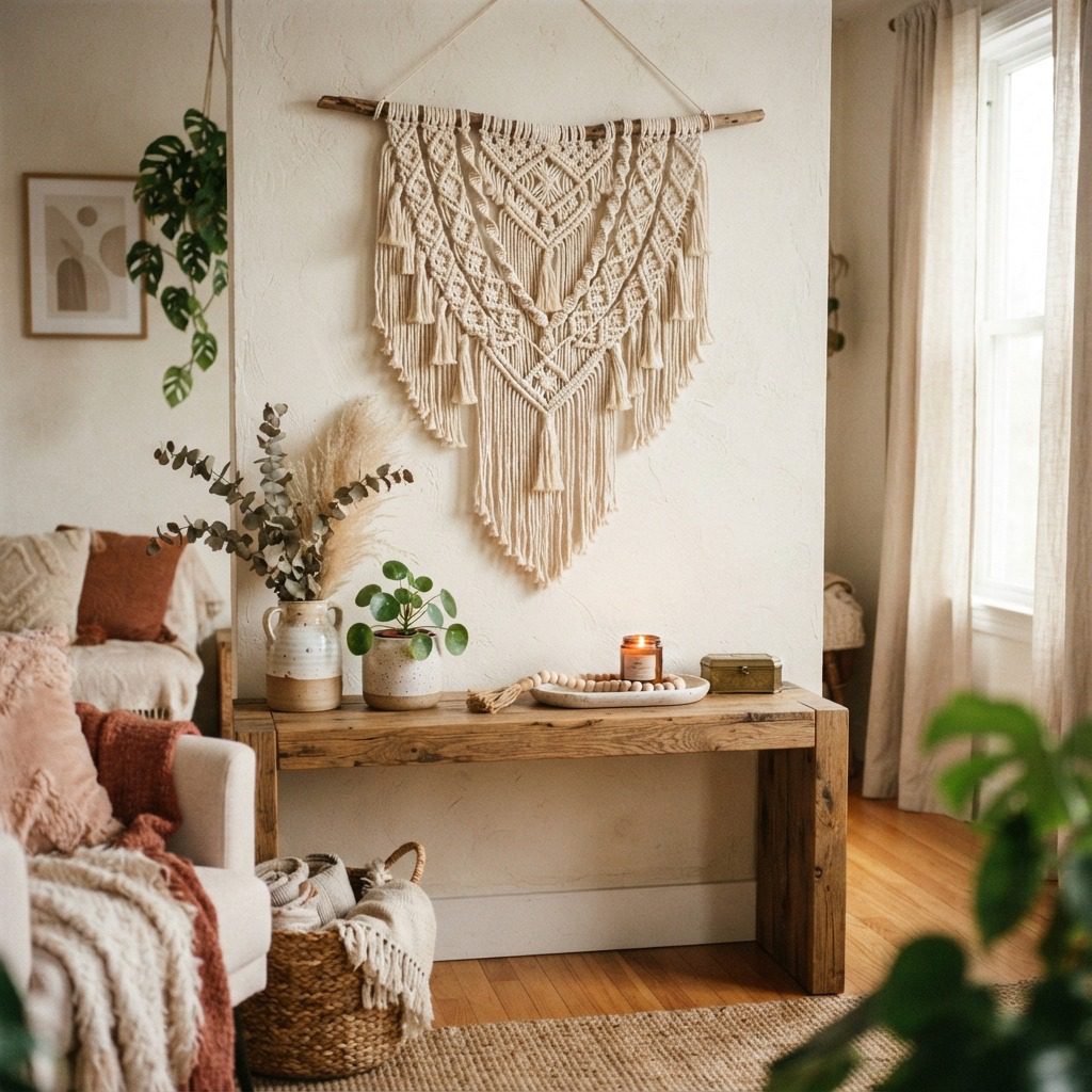 Finished macrame wall hanging pattern displayed in a styled boho living room interior. Finished macrame wall hanging pattern displayed in a styled boho living room interior.