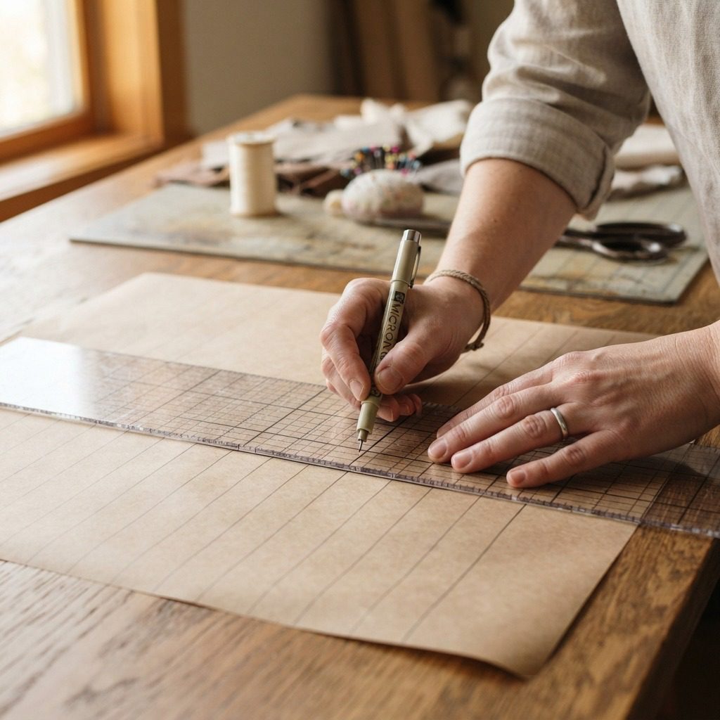 Drafting horizontal grid lines on brown pattern paper for custom dress pattern drafting Drafting horizontal grid lines on brown pattern paper for custom dress pattern drafting
