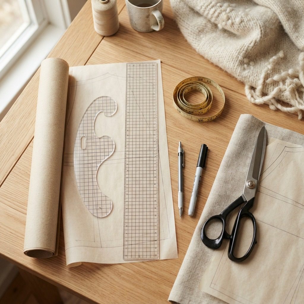 Sewing and dress pattern drafting tools flat lay with rulers, tape measure, and kraft paper Sewing and dress pattern drafting tools flat lay with rulers, tape measure, and kraft paper