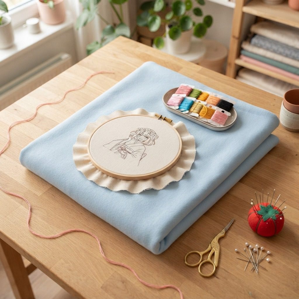 Embroidery hoop, floss, needles and scissors arranged for a hoodie embroidery project