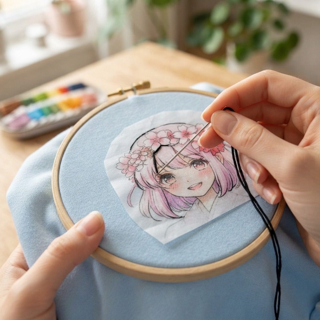 Close-up of split stitches outlining a character design on hoodie fabric