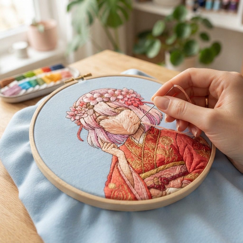 Color areas being filled with embroidery floss on a hoodie design