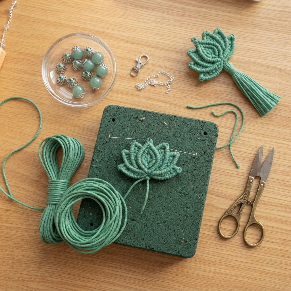 Cord, pins, and jewelry findings prepared for a macramé lotus keychain