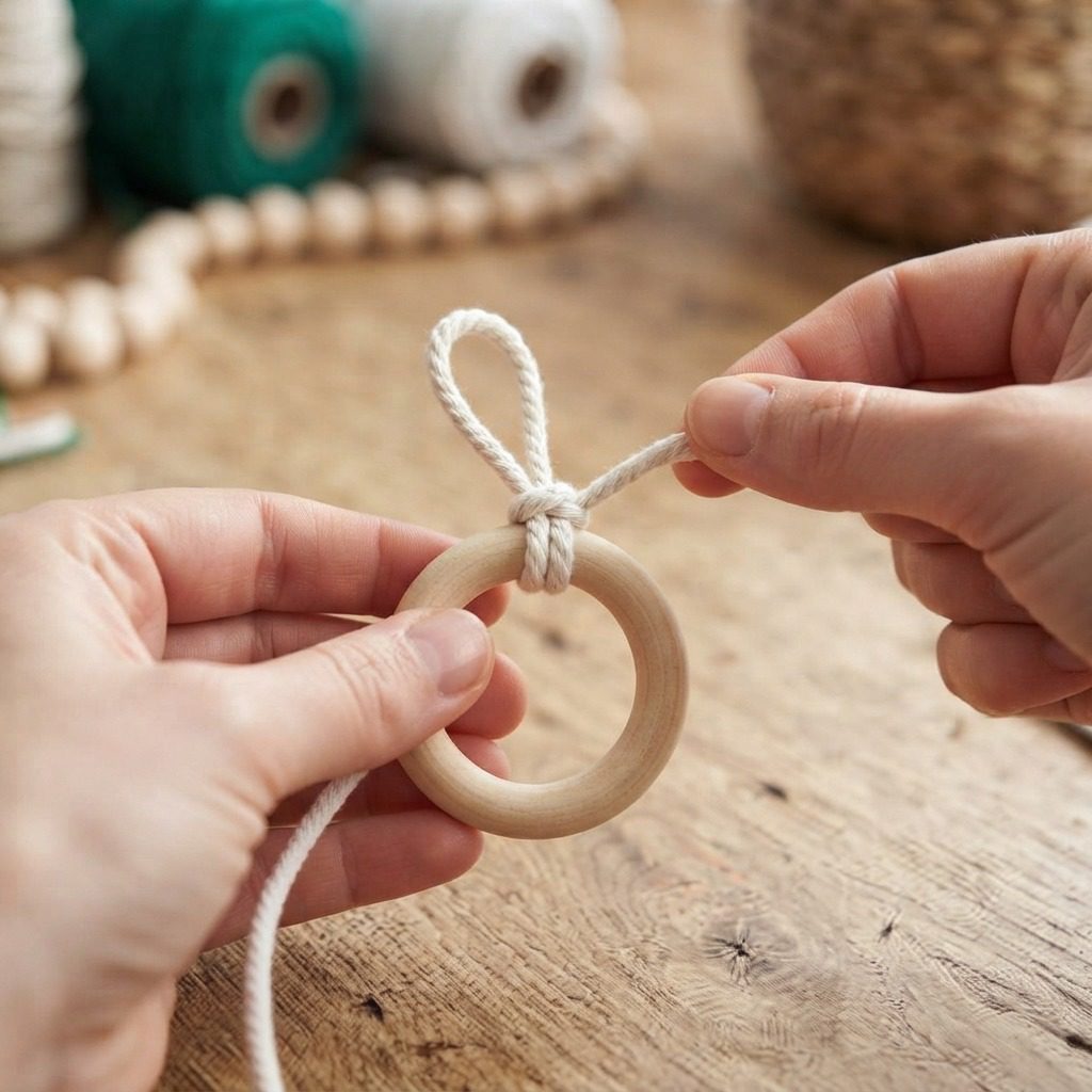 Attaching white cord to wooden ring using lark's head knot for macrame bunny ear Attaching white cord to wooden ring using lark's head knot for macrame bunny ear