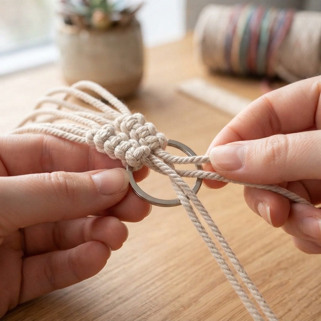 Mounting foundation cords onto a keyring for the Macrame Owl keychain Mounting foundation cords onto a keyring for the Macrame Owl keychain