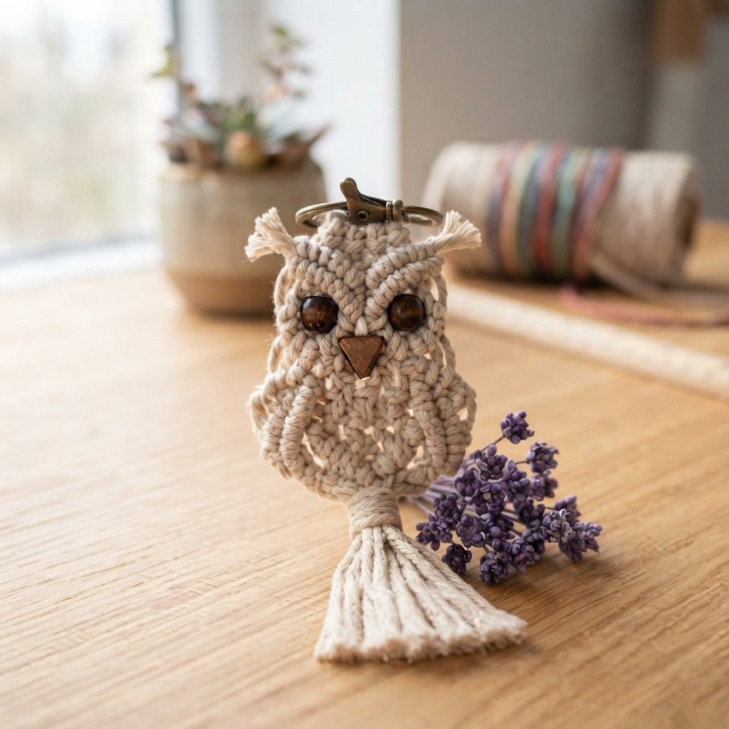 Completed DIY Macrame Owl keychain ready for everyday use Completed DIY Macrame Owl keychain ready for everyday use