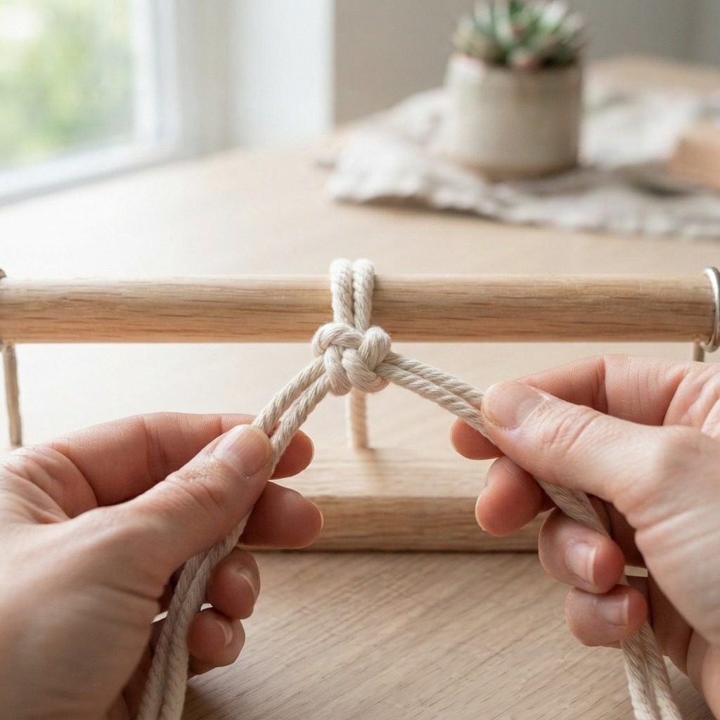 Macramé practice cords showing the developing knot pattern on a dowel.