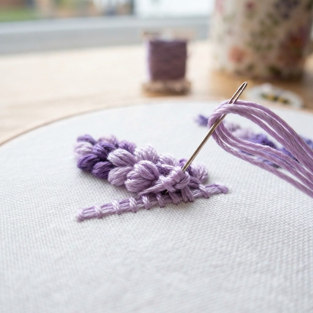Macro view of Portuguese border stitch wrapping lilac petals during lavender embroidery.