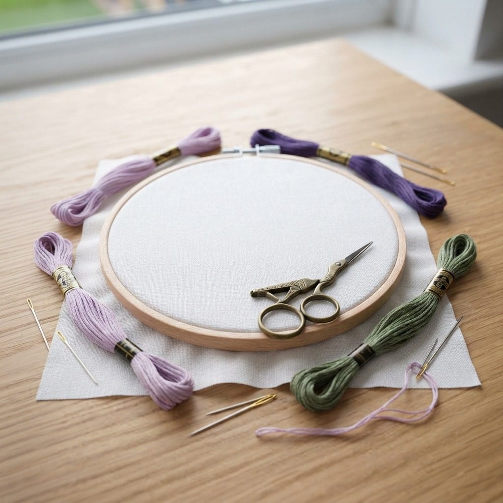 Materials flat lay for lavender embroidery including lilac and violet thread, wooden hoop, and brass scissors.