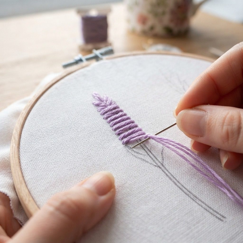 Close-up of lilac foundation straight stitches on white linen for lavender embroidery.