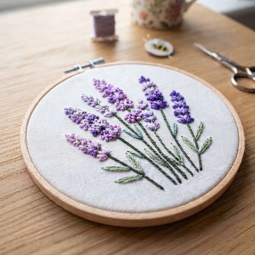 Final finished lavender embroidery piece in wooden hoop with green leaf and purple blooms.